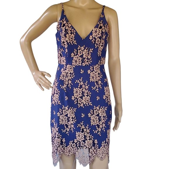 Minuet Fitted Bodycon Dress Women's S Blue V Neck Spaghetti Strap Lined Zipper - Picture 4 of 15